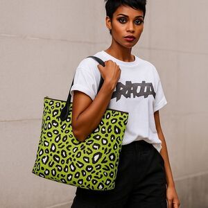 Furla Leopard Print Tote Lime Green Nylon Shoulder Bag Black Leather Handles 🐆